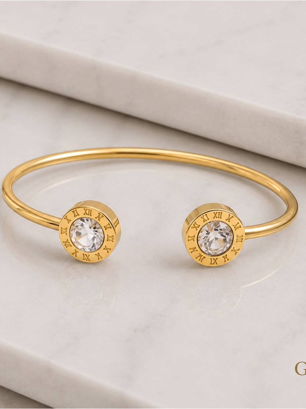 Goldfilled  Crystal Open Cuff Bracelet with Roman Numeral Accents